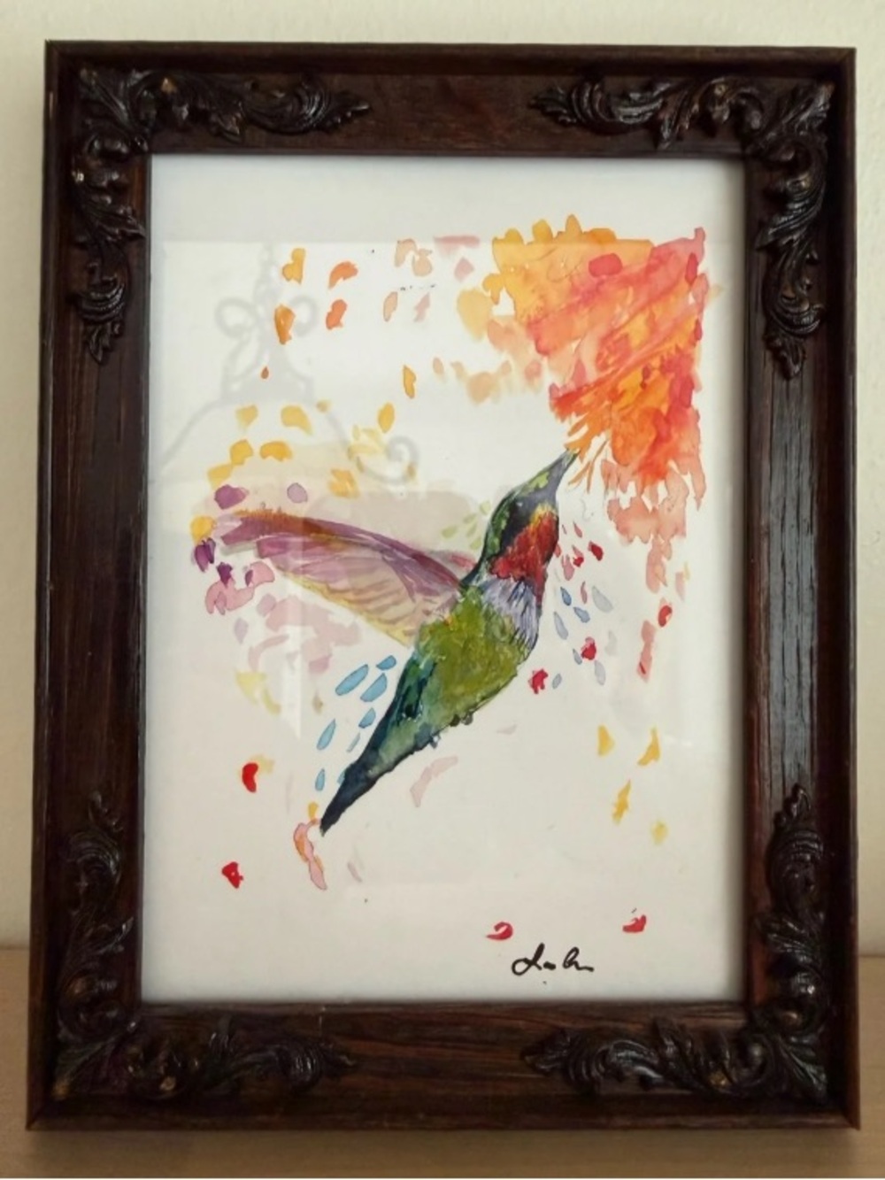 Watercolor Ruby Throated Hummingbird Art Print in Multicolor by Laura Cavallin